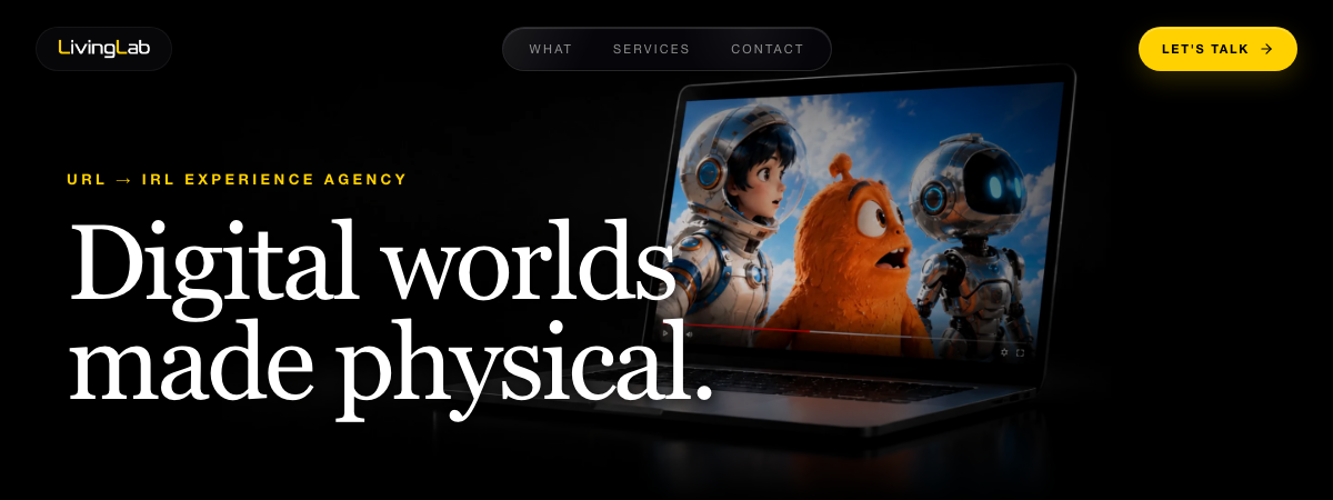 LivingLab website hero with characters emerging from a laptop